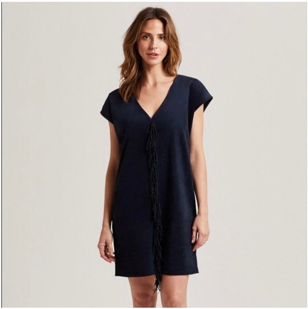 Marie Oliver Andi Navy Faux Suede Fringed Boxy Shift Mini Dress XL